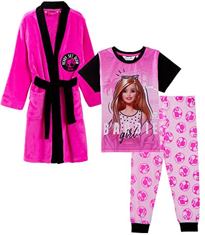 Barbie Ensemble de 3 pièces avec peignoir et pyjama pour fille Rose, rose, 5-6 ans