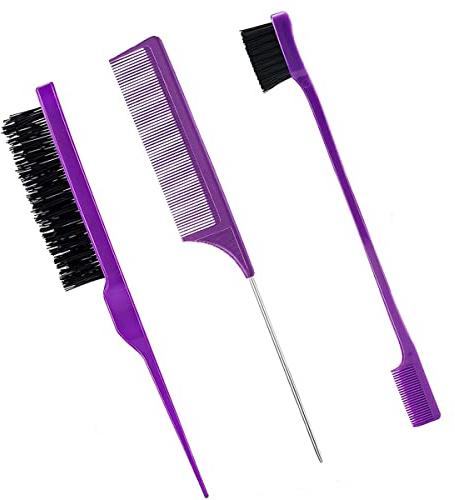 3 Stück Haarstyling Kamm Set Teasing Haarbürste Rattenschwanzkamm Randbürste für Rand&Rücken Bürsten, Kämmen, Slicking Haar für Frauen (Lila)