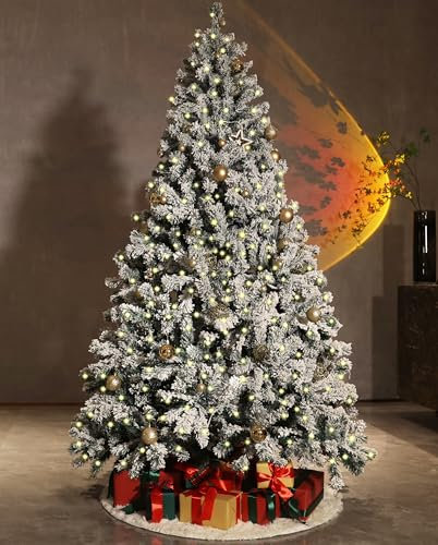 Asinse 7ft Pre-Lit Snow Flocked Christmas Tree with 450 Chasing Warm LED Lights - Premium Artificial Spruce Hinged Xmas Tree