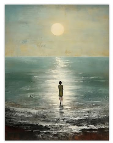 Artery8 Looking Out To Sea Oil Painting Alone At The Water Shore Moonlit Beach Seascape Extra Large XL Wall Art Poster Print