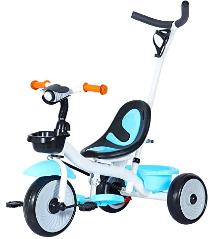 Tricycle Bébé évolutif 3 en 1, Canne Parentale Amovible, Velo Bebe avec Panier de Placement, Double Frein (Blanc-Bleu)