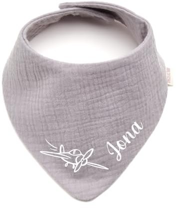Personalisiertes Dreieckshalstuch aus Baumwolle/Musselin | Flugzeuge mit Namen | Halstuch für Jungen, Mädchen | Viele Farben (Grau)