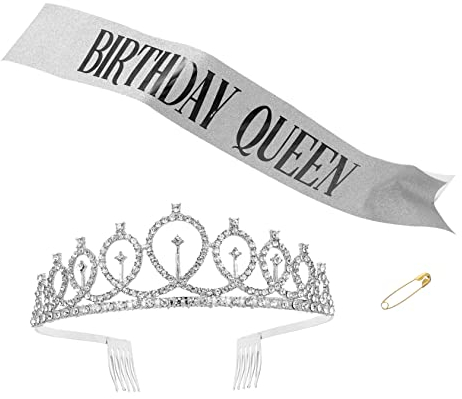 minkissy Elegant Birthday Queen Sash and Tiara Set Party Costume Accessories Shiny Rhinestone Crown for Women