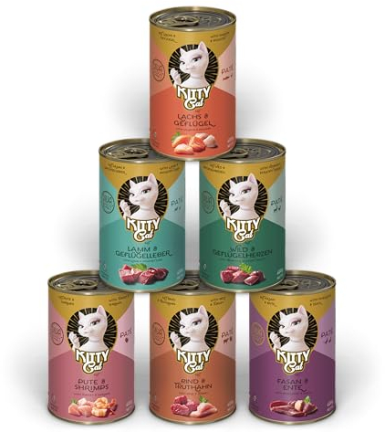 KITTY Cat Paté Mix 2, 6 x 400 g, Nassfutter für Katzen im Probierpaket, getreidefreies Katzenfutter mit Taurin, Lachsöl und Grünlippmuschel, Alleinfuttermittel mit hohem Fleischanteil, Made in Germany