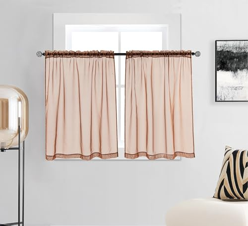 PI Sheer Curtains,Small Window Treatment Light Voile with Rod Pocket for Café/Kitchen/Bedroom/Living Room 2 Panels (W42XL36,Caramel Brown)