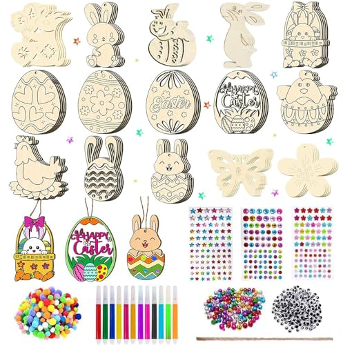 Bastelset Holz Ostern Kinder,265 Stück Ostern anhänger holz,Osterdeko basteln kinder holz,Hasen aus Holz zum Bemalen,Holzanhänger Ostern Zum Bemalen,Ostern Holz zum Malen,Ostern Holzbastelset