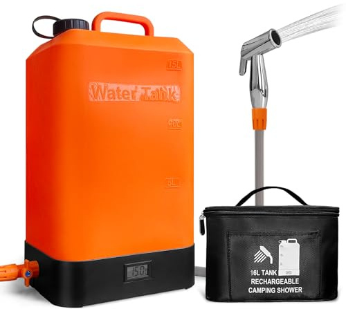 B. TAWD Réservoir d'eau en silicone de 12 litres, douche de camping portable, chargement de batterie USB, chauffage solaire, avec pommeau de douche, douche extérieure électrique portable, thermomètre