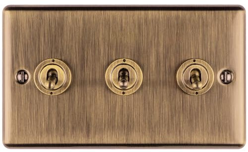 3 Gang Triple Retro Toggle Light Switch Antique Brass 10A 2 Way Lever Plate - Classic Vintage Style Flick Lever Wall Plate