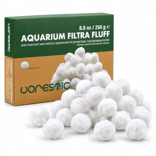 VORESTIC Filtra Fluff Filterwatte Aquarium 250 g, Filterschwamm-Balle O32 mm, Filtermaterial fur Innen- und Aussenfilter, Suss- und Meerwasser, 3 Mikron Feinfilterung, wiederverwendbar bis 5 Jahre