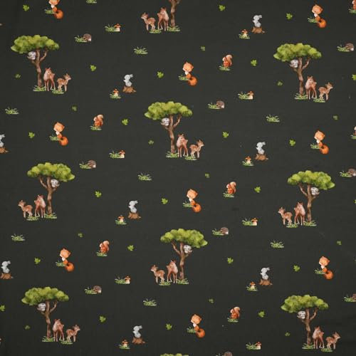 Jersey Kinderstoff Waldtiere ab 0,5x1,43m Baumwoll-Stoff Meterware Kindermotiv Oeko-Tex, Farbe:khaki