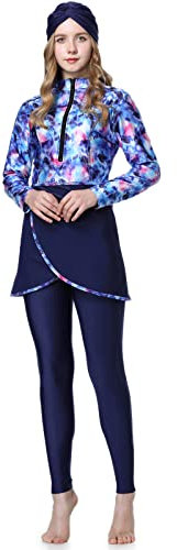 IBTOM CASTLE Muslimische Bademode Badeanzüge Burkini Damen Muslim Langarm Top+Hosen+Hijab 3 Stücke Set Ganzkörper Badeanzug Floral Badebekleidung Rashguard Sets T-Navy-Blau 4XL