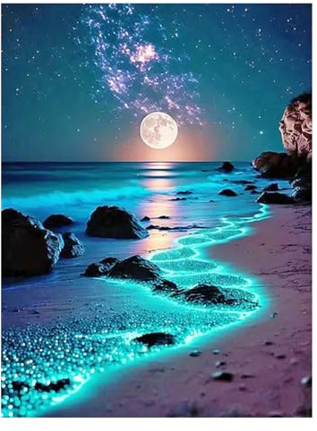 SHEGZHUC 40x50cm Diamond Painting Glitzer Meer Blau - Landschaften Mond Strand Leuchtend - Stickerei Kreuzstich Diamant Malerei Bilder Geschenk Wanddekoration