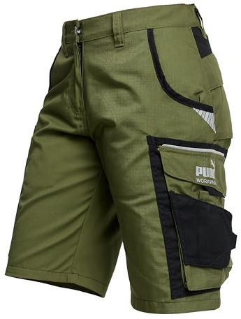 PUMA Workwear Precision X Arbeitsshorts - Kurze Arbeitshose Damen - Robustes, Flexibles Material - Cargohose mit vielen Taschen - Bequeme Passform für Handwerk & Gewerbe - Oliv/Schwarz - Gr. 38