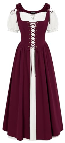SCARLET DARKNESS Womens Vintage Renaissance Dresses 2 PCS Medieval Maxi Dress Off Shoulder Chemise Irish Lace-up Peasant Overdress Dark Red M