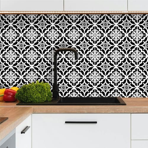 Crédence adhésive pour cuisine carreaux autocollant 20x20cm lot de 16 pièces, ornemental carreaux ciment noirs et blancs, carrelage autocollant mural salle de bain en vinyle, 100% français