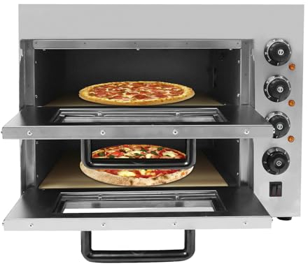 Forno per pizza, 3 KW professionale a doppia camera per pizza con timer 0-60 minuti, 50 – 350 °C in acciaio inox con 2 piastre di cordierite, superiore, centro e calore inferiore per pizza, ecc