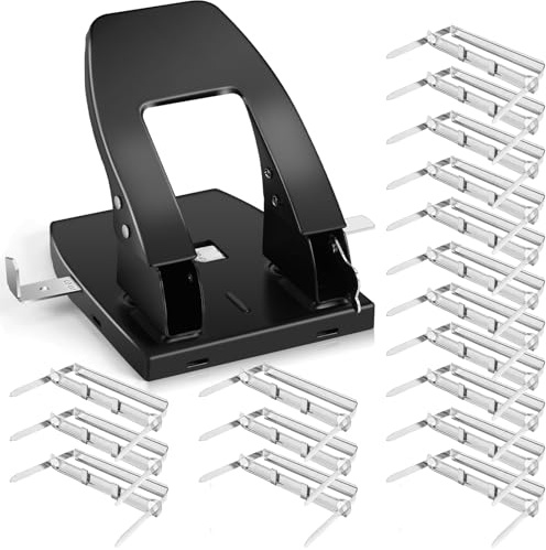 2 Hole Punch with 100 Prong Paper Fastener Heavy Duty Paper Two Hole Punchers for Paper File Folder Binder, Padded Handle, 30 Sheet Capacity, Black