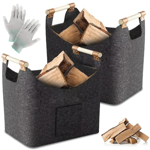 Holzkorb für Kaminholz Brennholzkorb Filzkorb: PRITOK 2 Stücke XXL Kaminholzkorb mit Aufbewahrungstasche, Faltbar Groß Holzkorb für Kaminholz mit 1 Paar Handschuhe, für Brennholz, Zeitunge, Einkauf