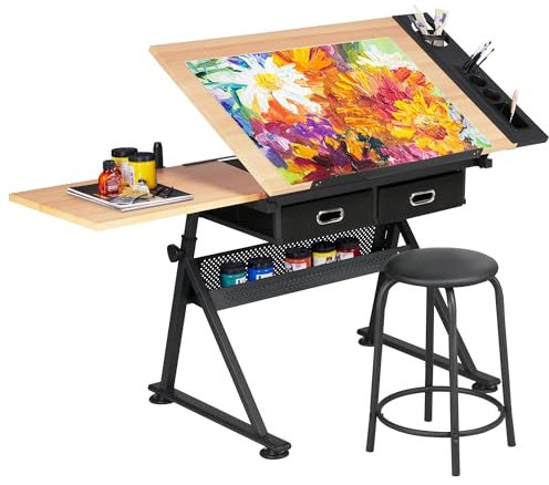 Yaheetech Art Drawing Desk Wood Drafting Table for Adults Artist Craft Tabletop Height Adjustment Writing Study Office Workstation with Pencil Ledge