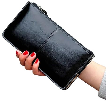 LCLYHY Portafogli Portafoglio Frizione con Cerniera in Pelle di Cera per Olio Femminile Borsetta da Donna con Orologio da Polso da Polso A Portata-Nero