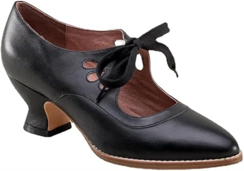 Women's Mary Jane Pumps Vintage Chunky Heel Lace Up High Heel Ladies Hollow Pointed Toe Dress Shoes for Daily(Black,4 UK)