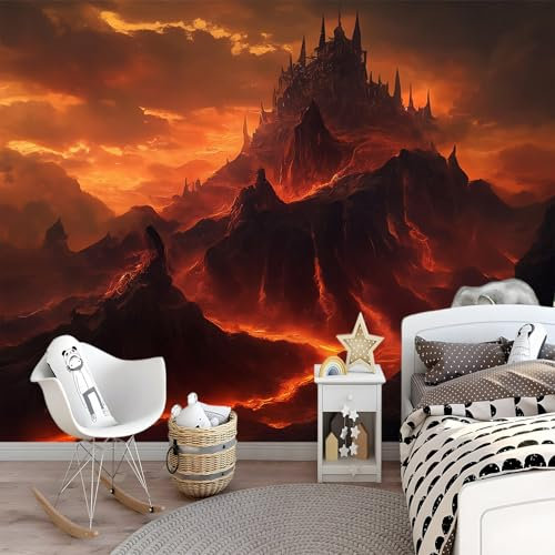 Papier Peint Panoramique 250 x 175 cm Impression Personnalisable, Poster Geant Mural 3D pour Salon Chambre Chambre restaurant Décoration Murale Fantastique Montagnes Lave Noir Orange