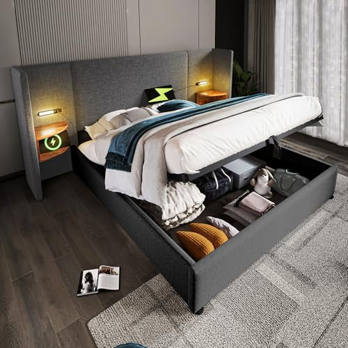 Wyibwy Polsterbett 160 x 200 cm, mit Nachttisch, Doppelbett mit Leselicht und USB-C-Aufladung, Bett mit Lattenrost aus Holz und Metall, Leinenstoff, Grau