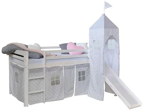 Homestyle4u Hochbett 90x200 Weiß - Kinderbett mit Rutsche & Turm | Massives Kiefernholz Spielbett mit Lattenrost, Vorhang, Rausfallschutz und 75 cm Spielhöhe unter der Liegefläche.