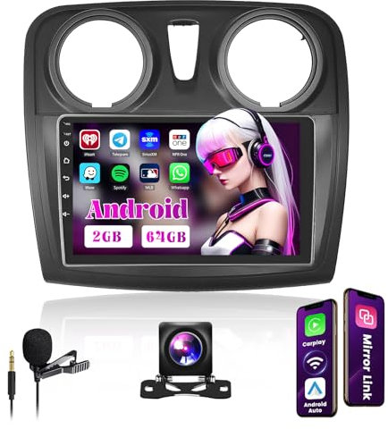 2+64GB Android Radio Coche para Renault, Dacia Sandero 2014-2017 Carplay Android Auto, 9 Pulgadas Pantalla Bluetooth Autoradio con Cámara Trasera, GPS Navci, WiFi, FM RDS Radio, EQ DSP
