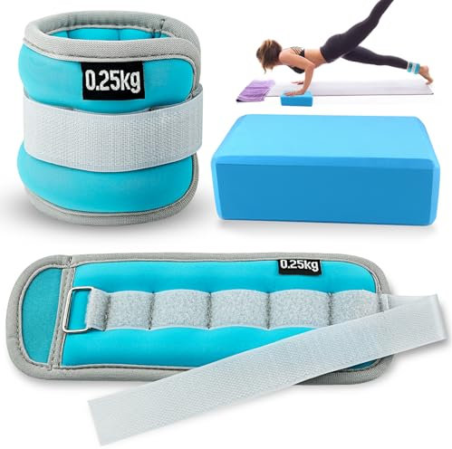 GZcaiyun 2 Stk Gewichtsmanschetten, Gewichte für Beine und Arme, Verstellbar Fußgewicht (0.25kg*2) für Fitness, Bewegung, Laufen, Joggen, Gym, Aerobic, mit 1 Yogablock