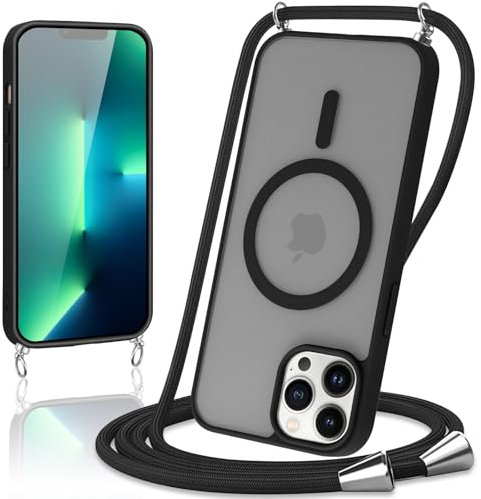 Knrlqim Handyband für iPhone 13 Pro Hülle mit Band, Matt Magnetisch Handyhülle Kompatibel mit Mag Safe,Transluzente PC + TPU Stoßfest Schutzhülle mit Abnehmbar Kordel zum Umhängen Case,Schwarz