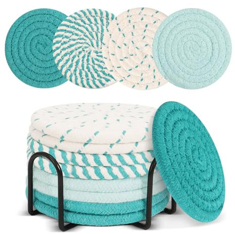 8 Blau Untersetzer mit Halter,Absorbierender Stoff Untersetzer,Blaue Untersetzer Gläser für Küche Büro Die Bar Schmücken,Hauswärmungsgeschenke für Frauen Vater Mutter