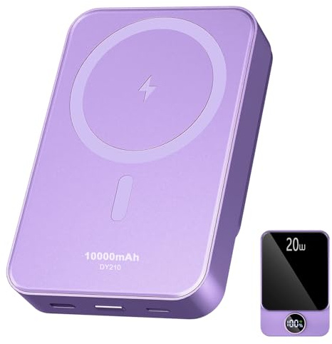 Magnetic Power Bank 10000mAh，20W Fast Charging Portable Charger, Wireless Power Bank with LED Display, Small USB-C Battery Pack with Mag-safe for iPhone 16/15 Plus/Pro/Max,14/13/12 Series,Purple
