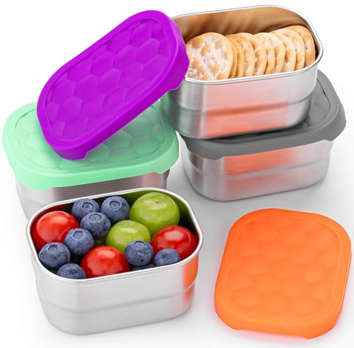 Everusely - Contenitori per snack in acciaio inossidabile - 240 ml, confezione da 4 - Scatole ermetiche per alimenti con coperchi per il viaggio - Contenitori riutilizzabili per adulti e bambini