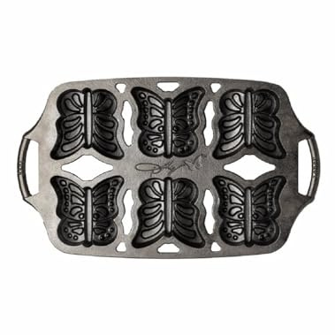 Lodge Dolly Parton Cast Iron Butterfly Cake Pan – Makes Six Mini Butterfly Cakes, Special Edition Bakeware, Durable, Naturally Seasoned, 14.18 x 8.5 x 1.37 In