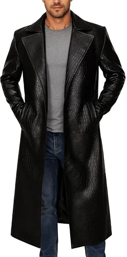 Fashion_First Men’s Black Crocodile Trench Coat - Full Length Genuine Leather Long Jacket with Lapel Collar