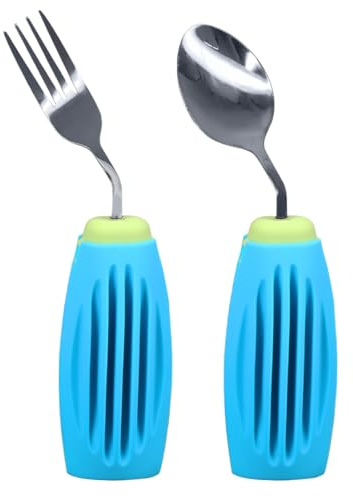 Dickes, solides, gewichtetes und adaptives Besteck-Set, rutschfeste Esslöffel und Gabel für Handzittern, Arthritis, Parkinson, Senioren und Erwachsene (Grün und Blau, Rechter Löffel und Gabel)