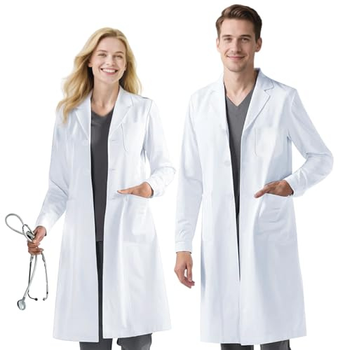 BSBUY Blouse Chimie Blanche de Laboratoire, Longues Blouse de Médecin avec Poche et Bouton pour Femme Homme Medicale Unisexe pour Lycée Collège Hospital Travail Étudiant