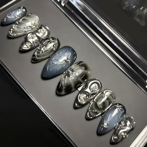 30Pcs Black Press on Nails Medium Almond, 3D Silver Metal Design False Nails, Handmade French Tip Fake Nails in 12 Sizes, Natural & Removable Artificial Stick on Nail for Women and Girls DIY Nail Art