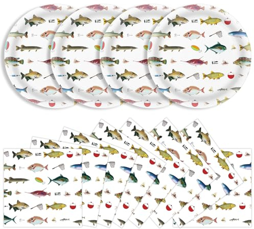 40 Pcs Fishing Plates and Napkins Party Supplies, Fishing Birthday Paper Plates and Napkins Disposable Tableware Set for Ofishally One Birthday Decorations Serves 20 (Fishing)