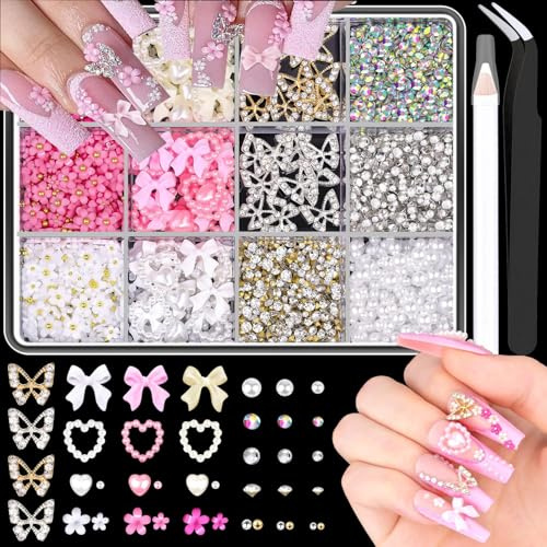 3D Blume Nägel Charms,Strasssteine für Nägel,Harzblume 3D Rosa Bogen Charms für Nails Design