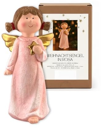 Deko Engel Lilly, handbemalte Engelfigur mit goldenem Stern, rosa 21,5 cm | Handbemalter Polyresin Weihnachtsengel mit goldenem Stern - ideal für Advent, Fensterbank, Tischdeko und als Geschenkidee