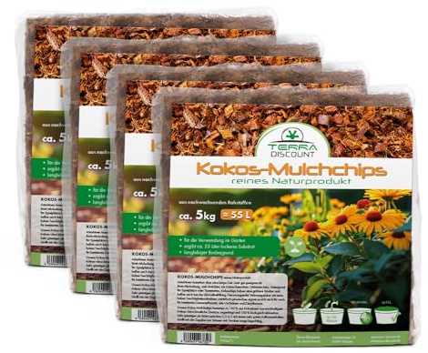 Terra Discount Kokos-Mulchchips, 5 kg Block, 100% Naturprodukt aus Kokosfaser, Mulch & Pflanzsubstrat für Garten, Hochbeet, Orchideen & Zimmerpflanzen, Alternative zu Pinie (4 STK. im Set)