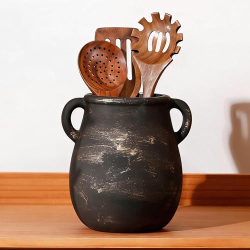 Kiswleon Kitchen Utensil Holder Ceramic,Large 6.5*7.8 in Utensil Pot with Handle for Countertop,Rustic Black-gold Utensils Holder for Kitchen Decor