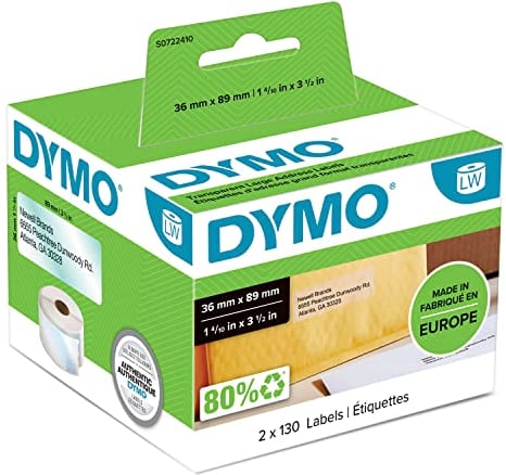 DYMO Original LabelWriter Adressetiketten | 36 mm x 89 mm | schwarz auf transparent | 2 Rollen mit je 130 leicht ablösbaren Etiketten (260 Etiketten) | für LabelWriter Etikettendrucker