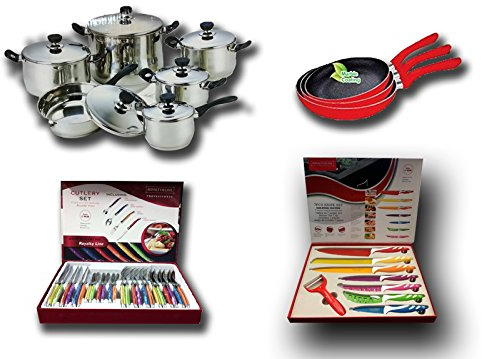 Set Batteria di Pentole Composizione 47 pezzi - Batteria Pentole BAVARIA 12 Pezzi + Set 24 posate, 8 coltelli rivestiti in ceramica, 3 padelle ROYALTY LINE)