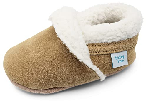 Dotty Fish Barfuß-Hausschuhe aus Wildleder für Babys und kinder – Fleecegefütterte Winterhausschuhe für Jungen und Mädchen. Rutschfeste Sohle, von Podologen empfohlen – Hellbraun 6-12 Monate