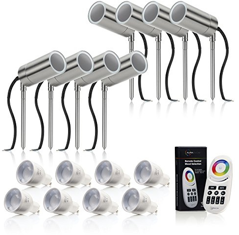 Auraglow Colour Changing Spike Lights Stainless Steel, GU10, 8 Pack | IP44 garden uplighters, tempered glass, smart bulbs and radio control included, multi mode, for patio and borders