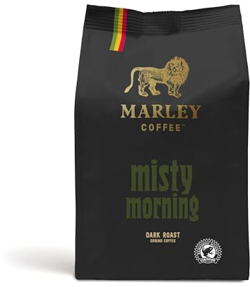 Marley Coffee Strong Dark Roast Ground Coffee 227g - Misty Morning Blend - From The Marley Family - V60 Filter Cafetiere Aeropress - Rainforest Alliance Certified - Strength 5