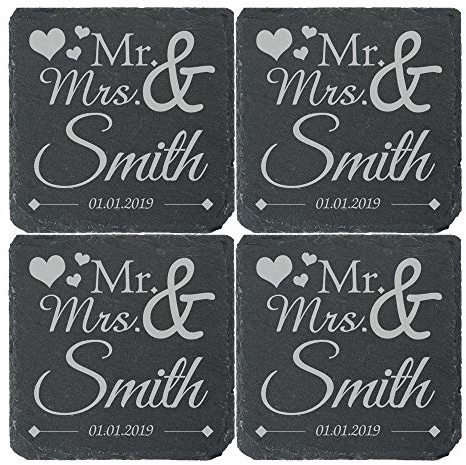 Personalised Engraved Square Slate Wedding Coaster Mr&Mrs with Hearts Set of 4